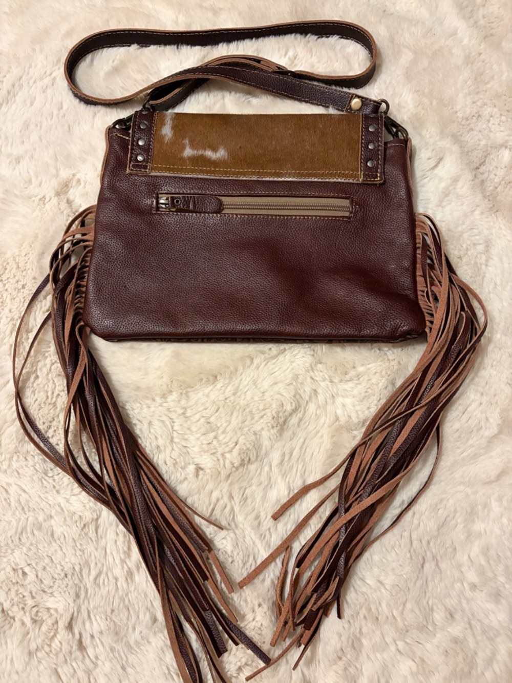 Myra Bag Craved Blossoms Leather Brown & White Hairon Cowhide Flap Crossbody - Picture 2 of 12